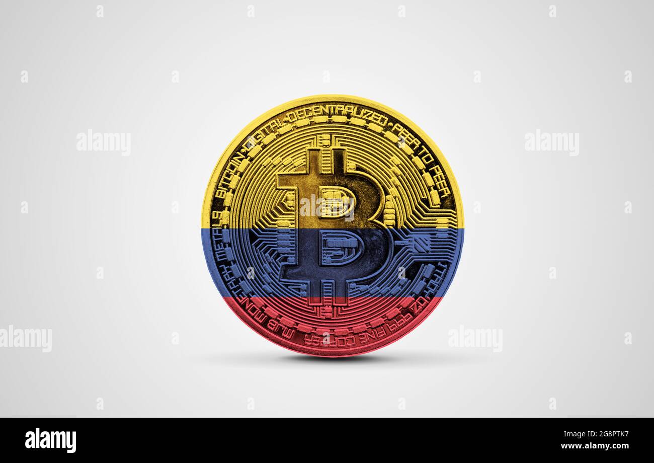 Kolumbien Flagge auf einer Bitcoin Kryptowährung Münze. 3D-Rendering Stockfoto