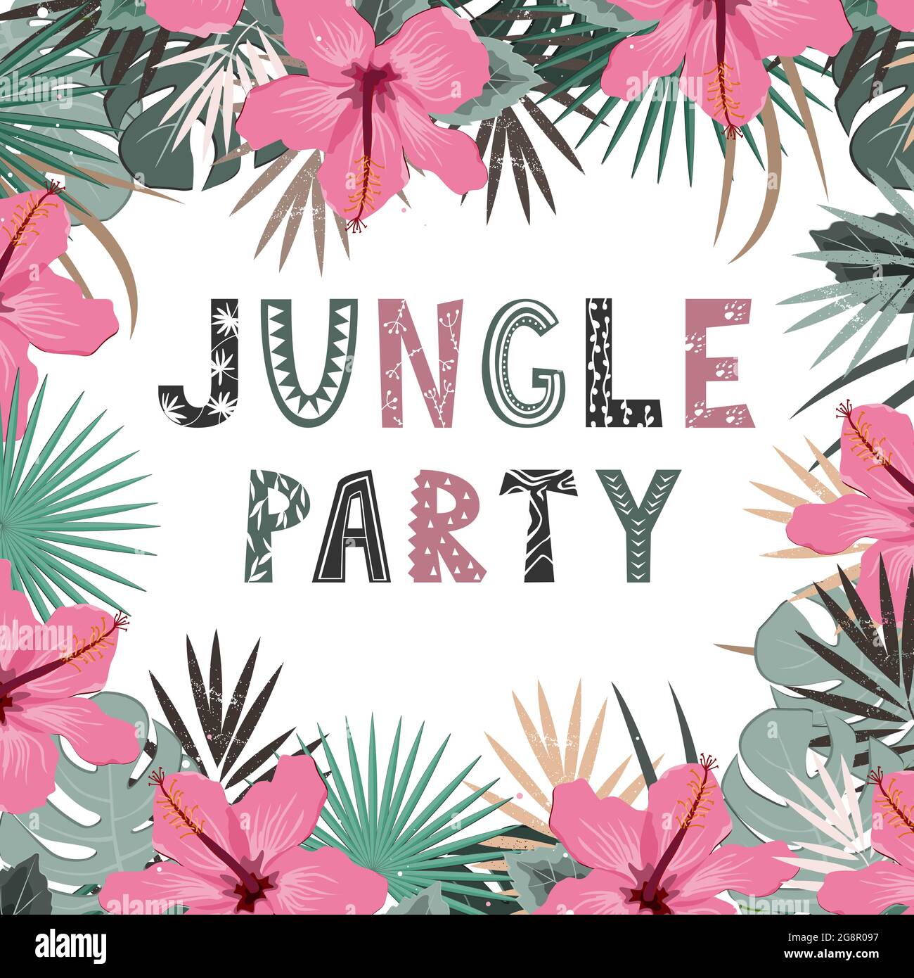 Jungle Party Einladung Hand Schriftzug exotisch mit Hibiskusblüten und tropischen Blättern Rahmen. vektor-Illustration Stock Vektor