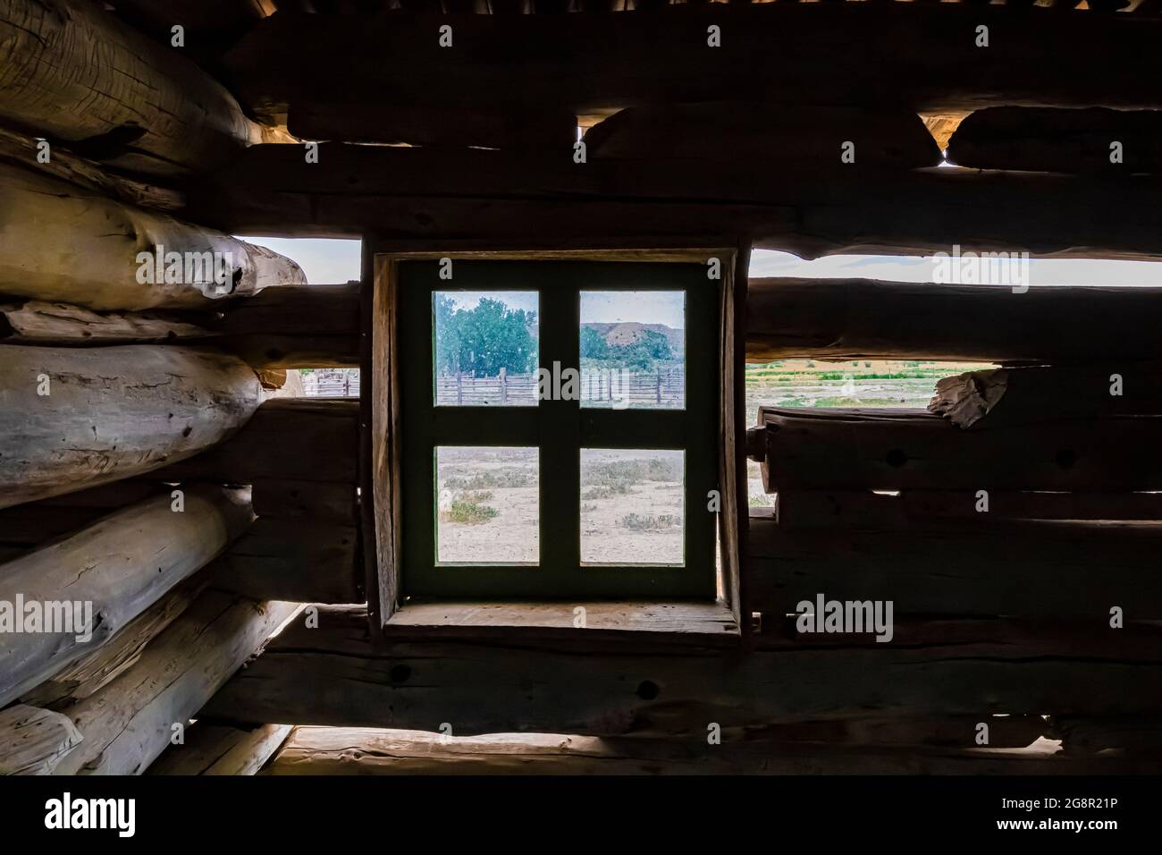 Bunkhouse, das einst von Cowboys auf der ML Ranch im Bighorn Canyon National Recreation Area, Wyoming, USA, genutzt wurde Stockfoto