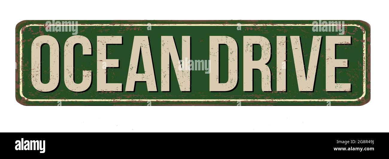 Ocean Drive vintage rostigen Metall-Zeichen auf einem weißen Hintergrund, Vektor-Illustration Stock Vektor