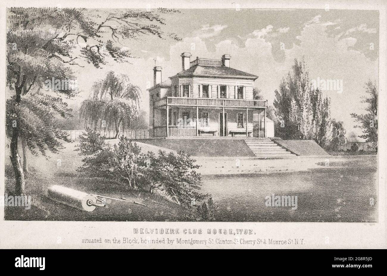 Belvidere Club House, 1792, liegt im Block, der von der Montgomery St. Clinton St., Cherry St. & Monroe St. begrenzt wird Stockfoto