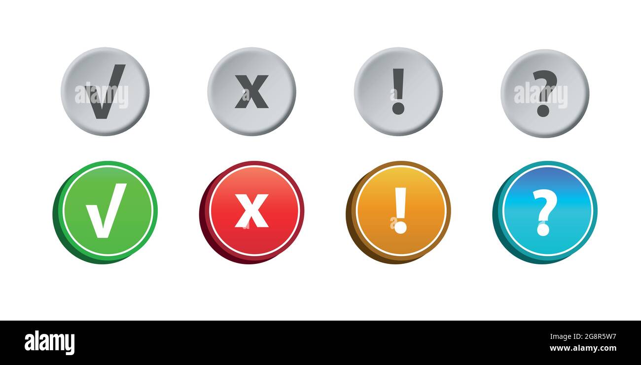 Ausrufezeichen für Vektorkennzeichen, Symbole für Fragezeichen gesetzt. Flache Symbole für Web- und mobile Anwendungen. Runde flache Form mit Schatten. Stock Vektor