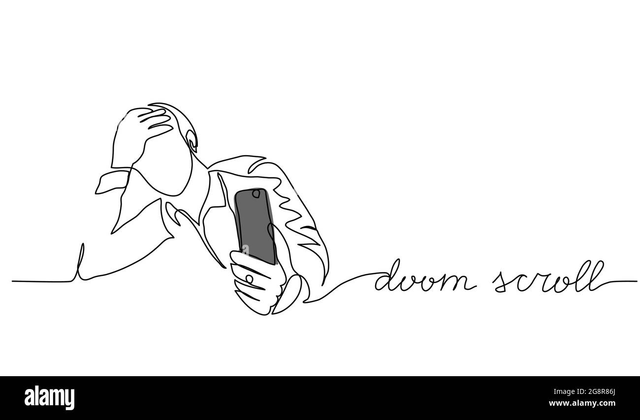 Doom Scroll, Doomscrolling Vektordarstellung. Eine Linie Zeichnung Kunst Illustration mit Schriftzug Doom scroll Stock Vektor