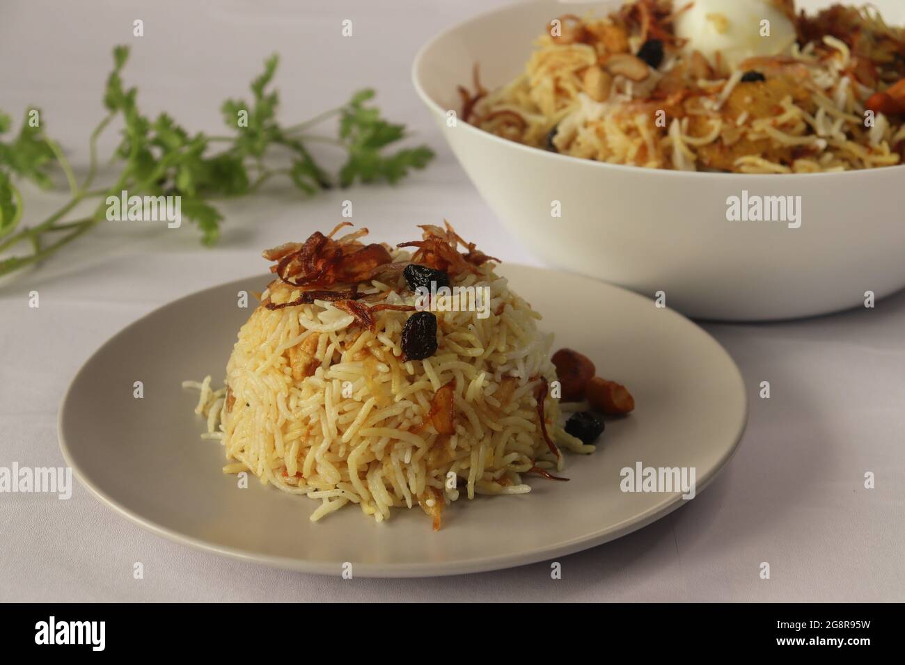 Hausgemachtes Huhn biriyani. Gedämpfter Basmati-Reis, geschichtet mit würziger Soße auf Joghurtbasis aus entbeintem Huhn, karamellisierten Zwiebeln und gebratenen Cashew-Nüssen Stockfoto