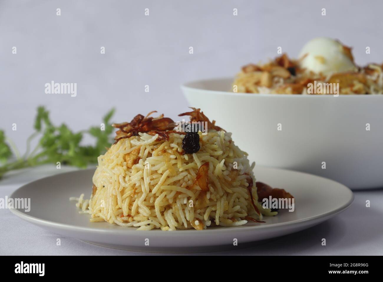 Hausgemachtes Huhn biriyani. Gedämpfter Basmati-Reis, geschichtet mit würziger Soße auf Joghurtbasis aus entbeintem Huhn, karamellisierten Zwiebeln und gebratenen Cashew-Nüssen Stockfoto