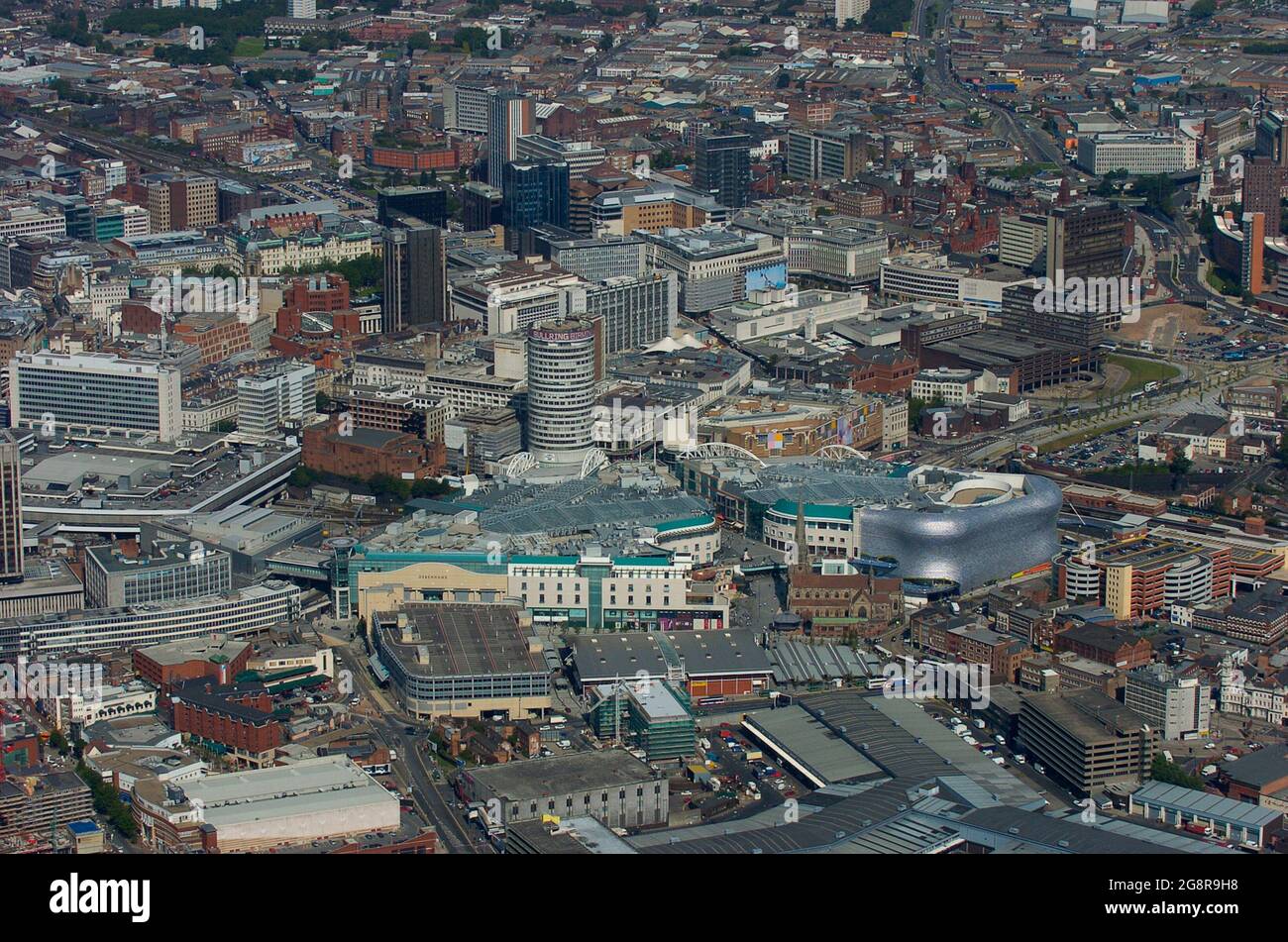 Luftaufnahme von Birmingham zeigt die Rotunde und das Einkaufszentrum Bull Ring Stockfoto