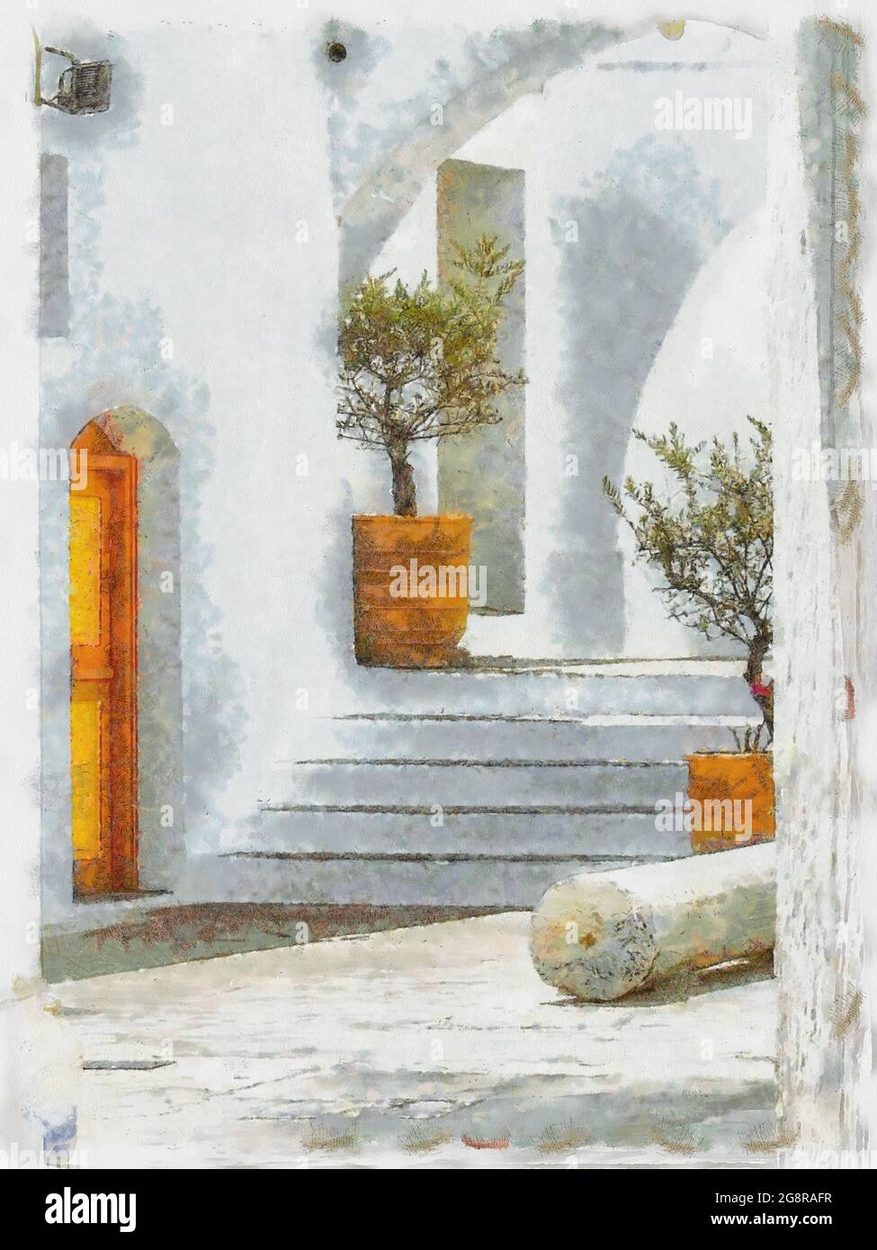 Ein digitales Gemälde einer typischen griechischen Gasse Stockfoto