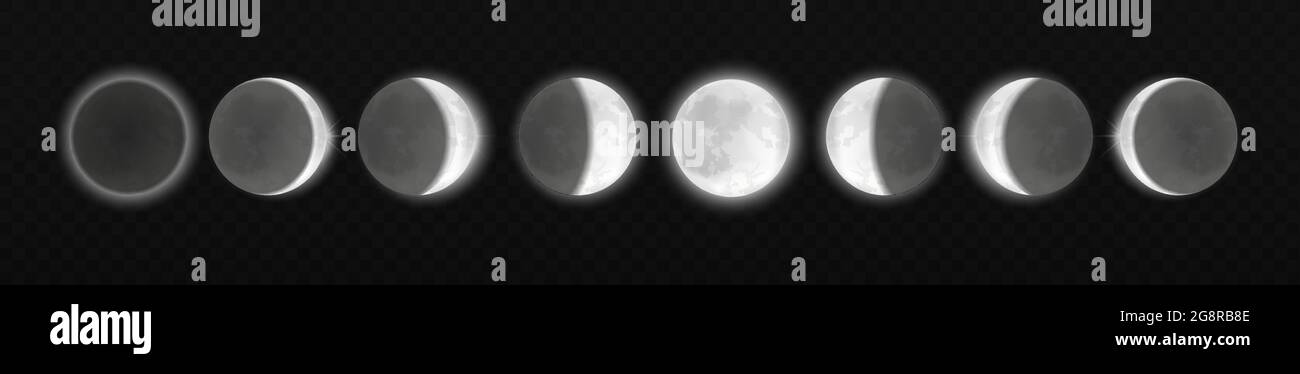 Mondfinsternis, verschiedene Phasen, realistisches Mondlicht in Stadien vom Vollmond bis zum dünnen Mond Stock Vektor