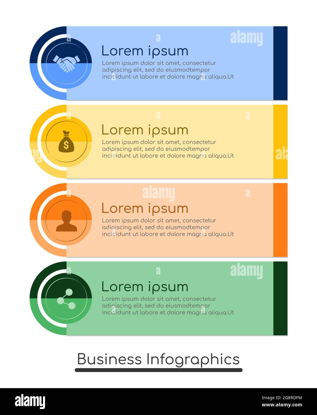 Vierstufiger Prozess mit blauer, grüner, gelber und orangefarbener Designvorlage für die Unternehmens-Infografik Stock Vektor