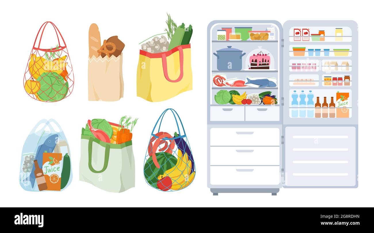Kühlschrank mit offener Tür, Beutel voller Lebensmittel aus dem Lebensmittelgeschäft oder Supermarkt-Set Stock Vektor