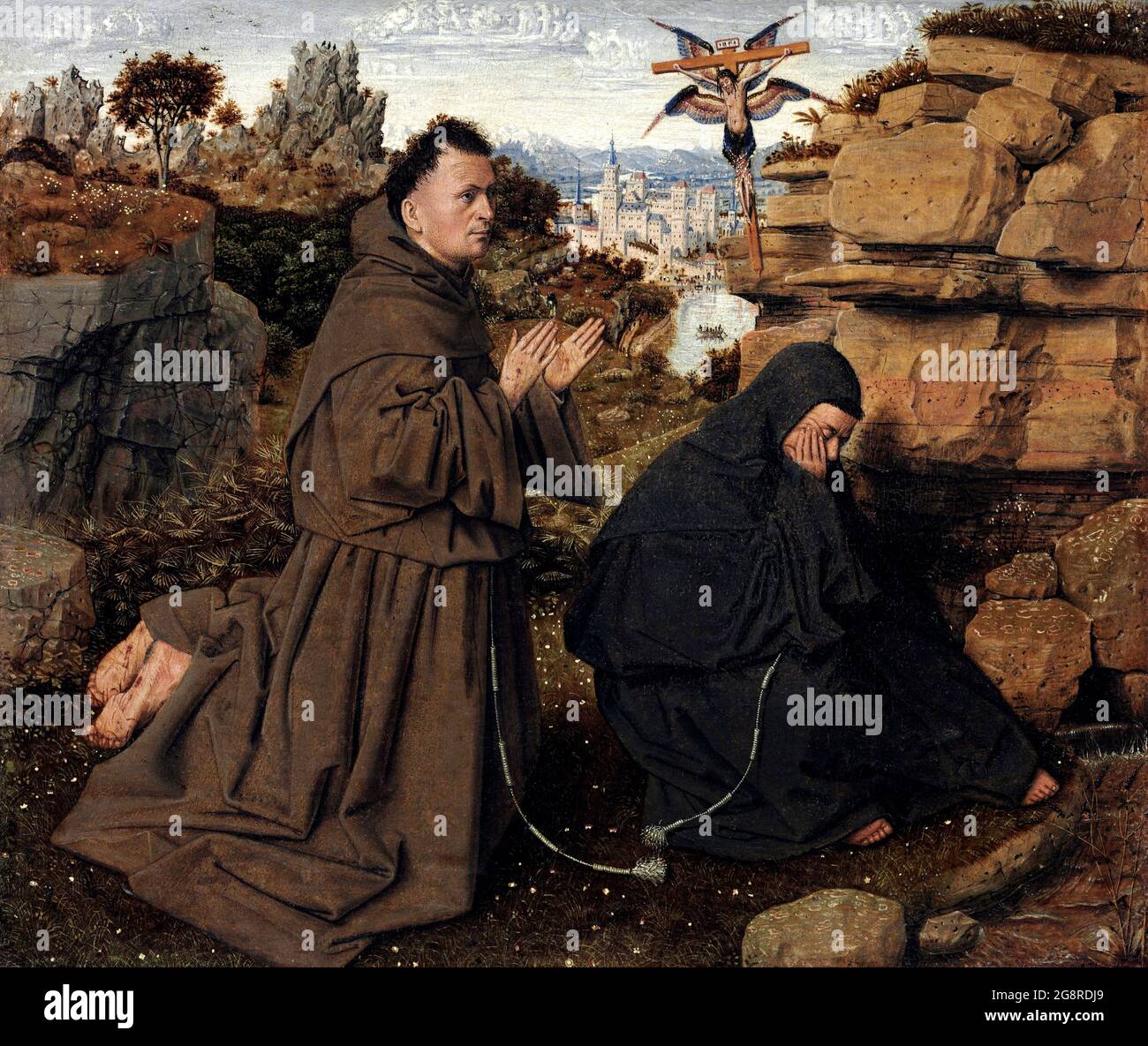 Der heilige Franz von Assisi erhält die Stigmata von Jan van Eyck (ca. 1390-1441), Öl auf Pergament auf Tafel, c. 1430-32 Stockfoto