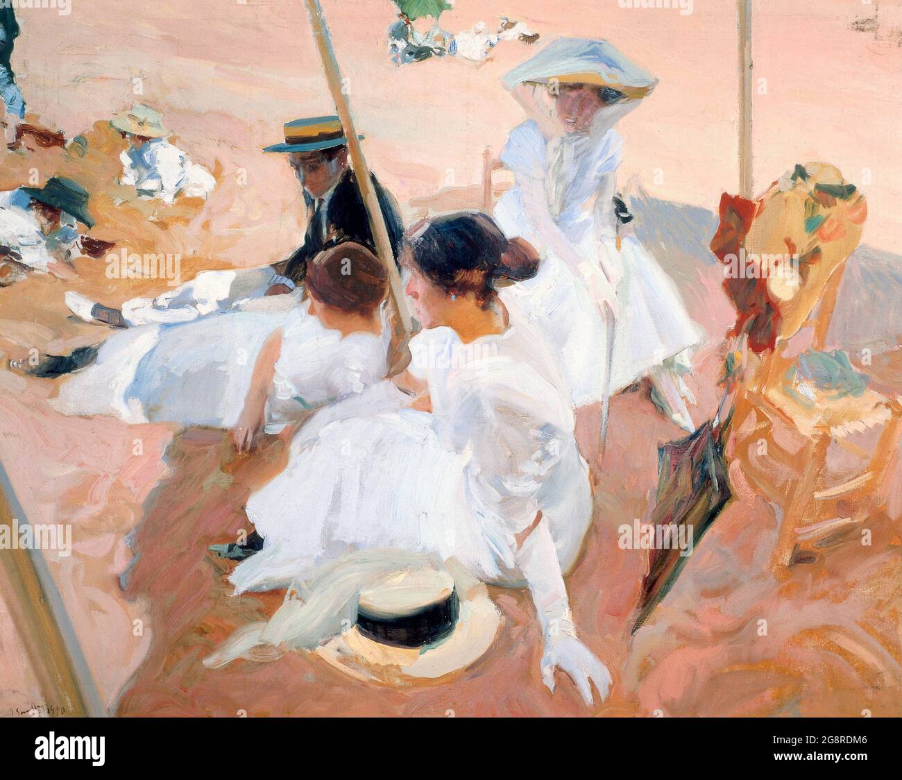 Joaquin Sorolla. Gemälde des spanischen Künstlers Joaquín Sorolla y Bastida (1863-1923) mit dem Titel 'unter der Markise, am Strand von Zarauz', Öl auf Leinwand, 1905 Stockfoto