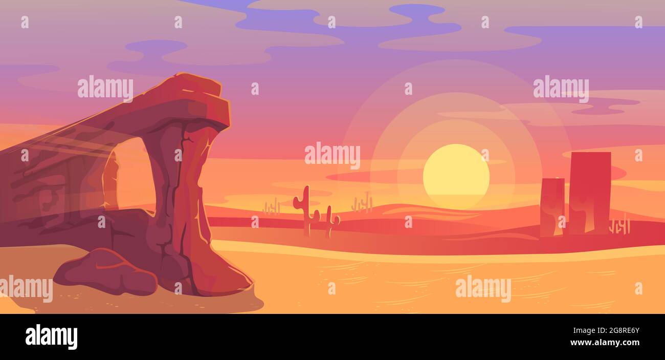 Wüstenlandschaft Vektorgrafik, Cartoon flache Panorama-Naturlandschaft mit trockenem Sandland, Sandsteinfelsen-Canyon, Kakteen Silhouetten und Staub Stock Vektor