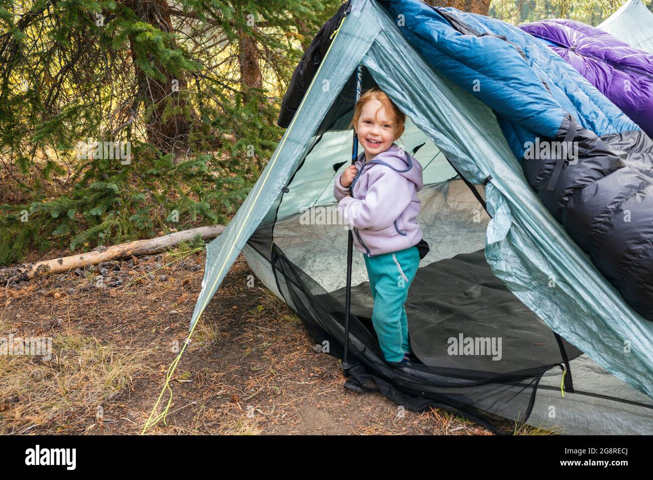 Glückliches Mädchen auf einem Campingausflug in die Eagles Nest Wilderness, Colorado Stockfoto