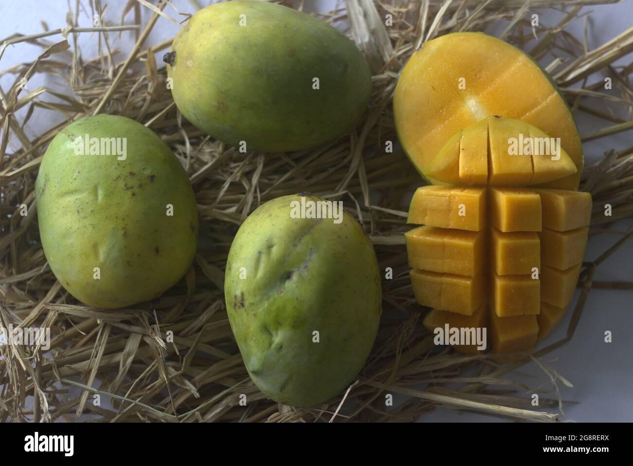 Moovandan Mango, eine gewöhnliche Mango von Kerala. Eine tropische Frucht, die in vielen Regionen Indiens angebaut wird. In hindi wird sie auch Langra Mango genannt. Stockfoto