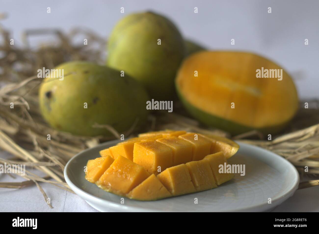 Moovandan Mango, eine gewöhnliche Mango von Kerala. Eine tropische Frucht, die in vielen Regionen Indiens angebaut wird. In hindi wird sie auch Langra Mango genannt. Stockfoto