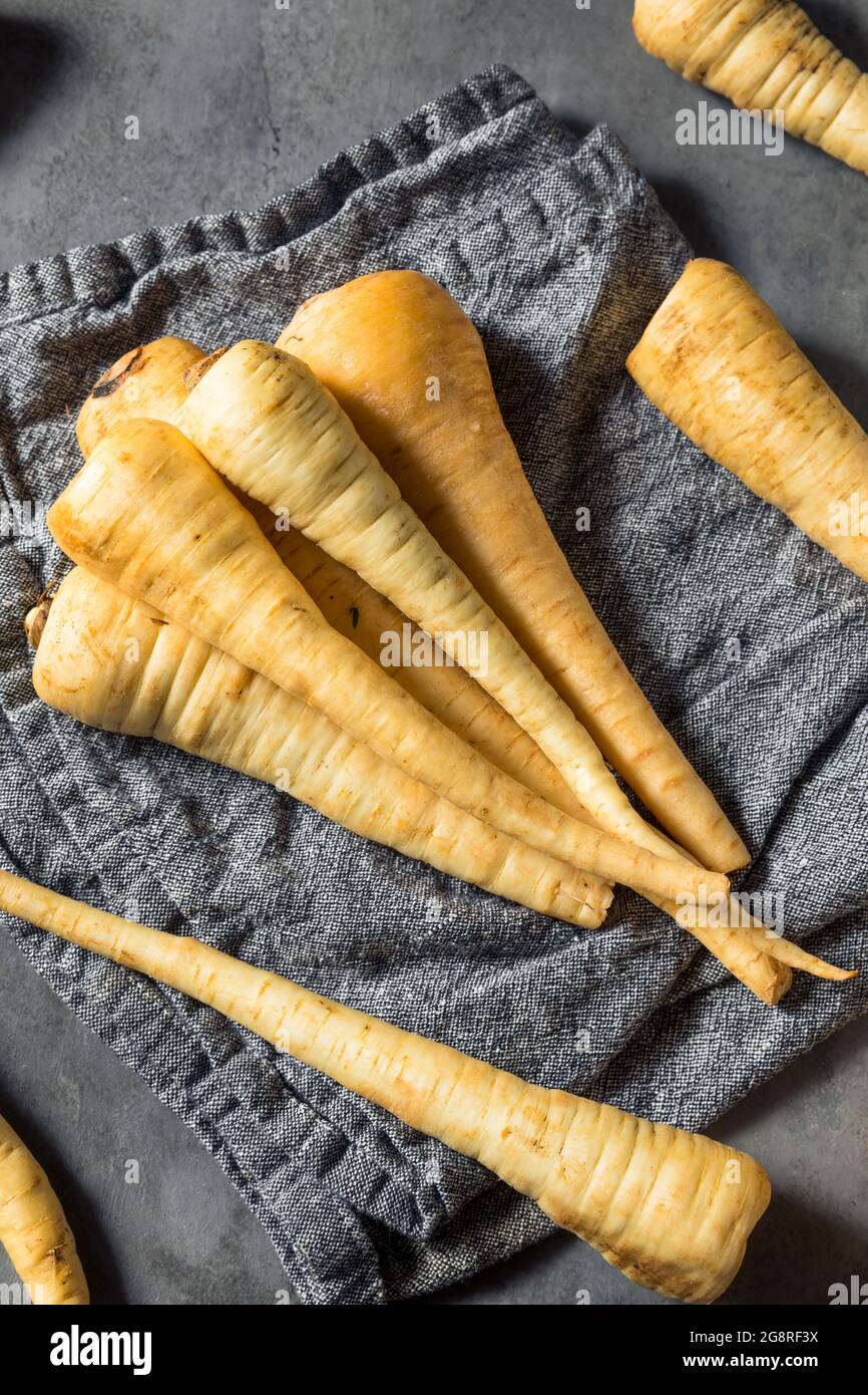 RAW White Organic Pastinken in einem Haufen Stockfoto