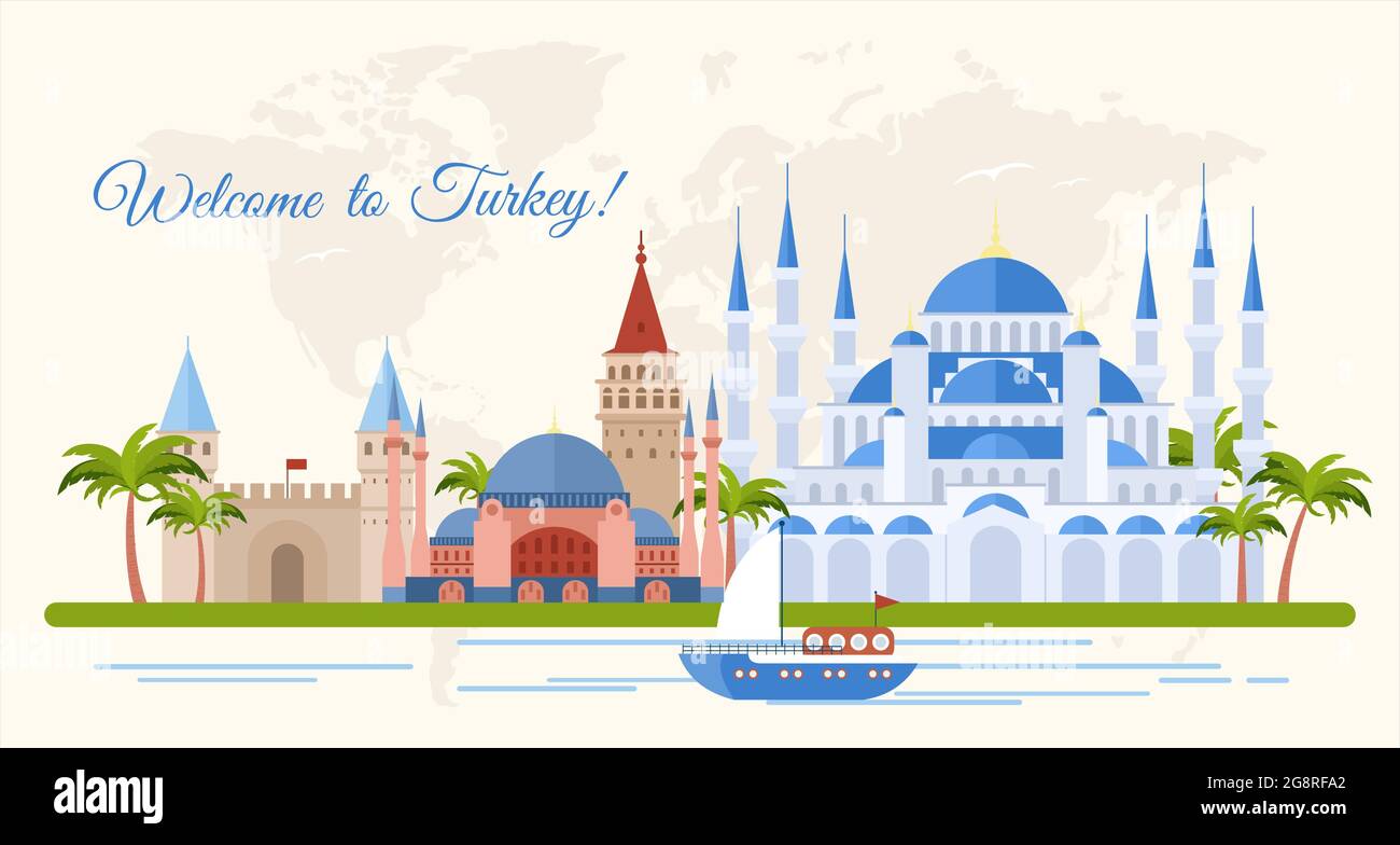 Willkommen bei Türkei flaches Banner Vektor-Vorlage. Berühmte türkische architektonische Wahrzeichen Cartoon-Illustration mit Text. Touristenattraktionen, galata Stock Vektor