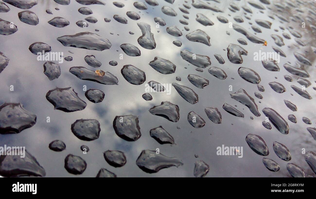 Wassertropfen auf einer glänzenden Oberfläche. Spiegelung von Bäumen in  Regentropfen. Das Konzept des Schutzes der Umwelt vor schädlichen  Emissionen aus der Industrie Stockfotografie - Alamy