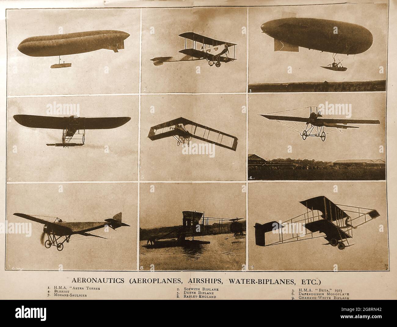 Eine frühe gedruckte britische Illustration, die eine Vielzahl von Flugzeugen der damaligen Zeit zeigt. Stockfoto