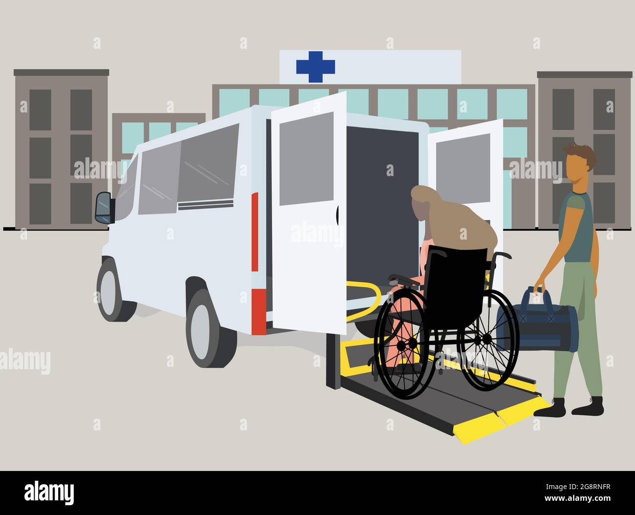 Krankenschwester hilft jungen behinderten Frau bei behinderten Transit-Bus mit Zugangsrampe im Krankenhaus. vektor-Illustration. Stockfoto