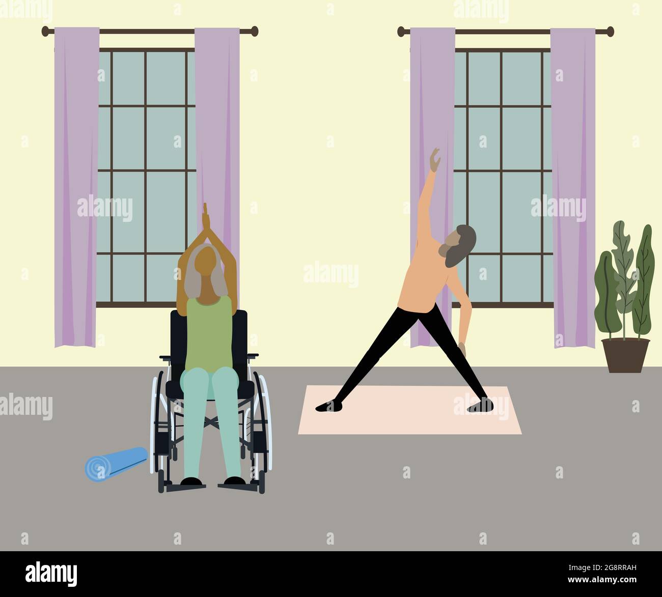 Ältere sportliche behinderte Frau im Rollstuhl, die Yoga in Innenräumen macht. Illustration. Stockfoto