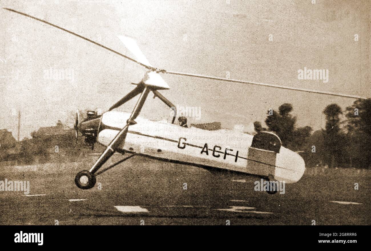 Ein frühes gedrucktes Foto des (damals) neuen, flügellosen vertikalen Startflugzeugs des Auto Giro Stockfoto