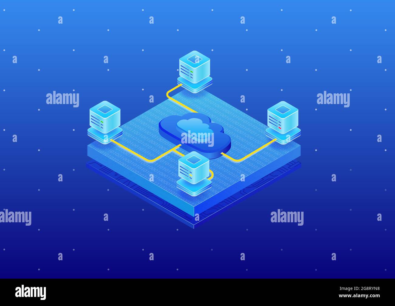 Cloud-Computing-Plattform mit Rechenzentren. isometrische 3D-Vektordarstellung von Cloud-Plattformen wie PaaS, SaaS, IaaS. Stock Vektor