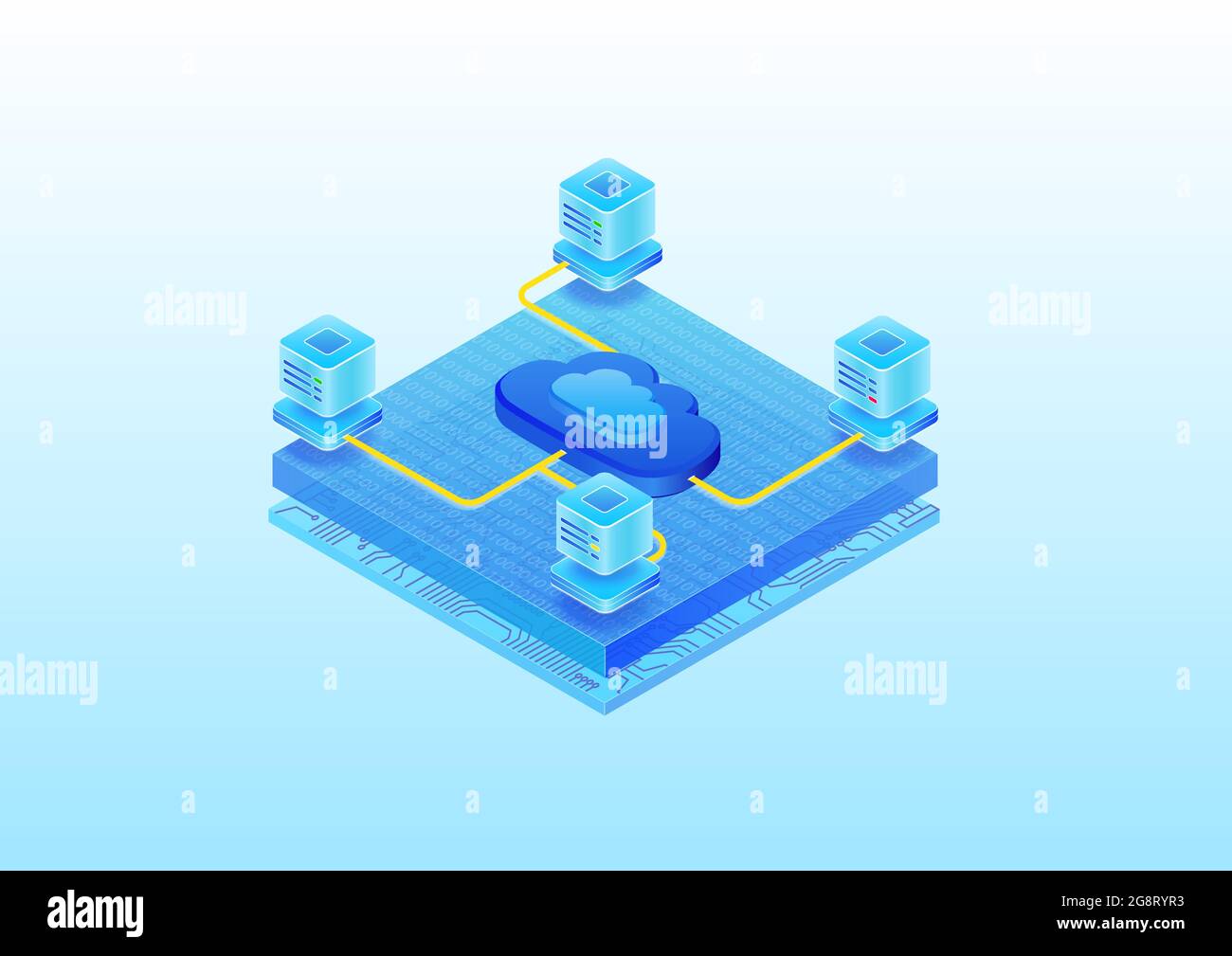 Cloud-Computing-Plattform mit Rechenzentren. isometrische 3D-Vektordarstellung von Cloud-Plattformen wie PaaS, SaaS, IaaS. Stock Vektor