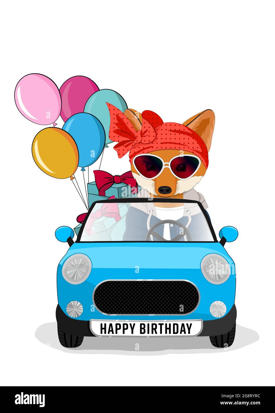 Cute Fox im Auto mit Geschenken und Ballons. Geeignet für Poster, Drucke und Karten. Stock Vektor