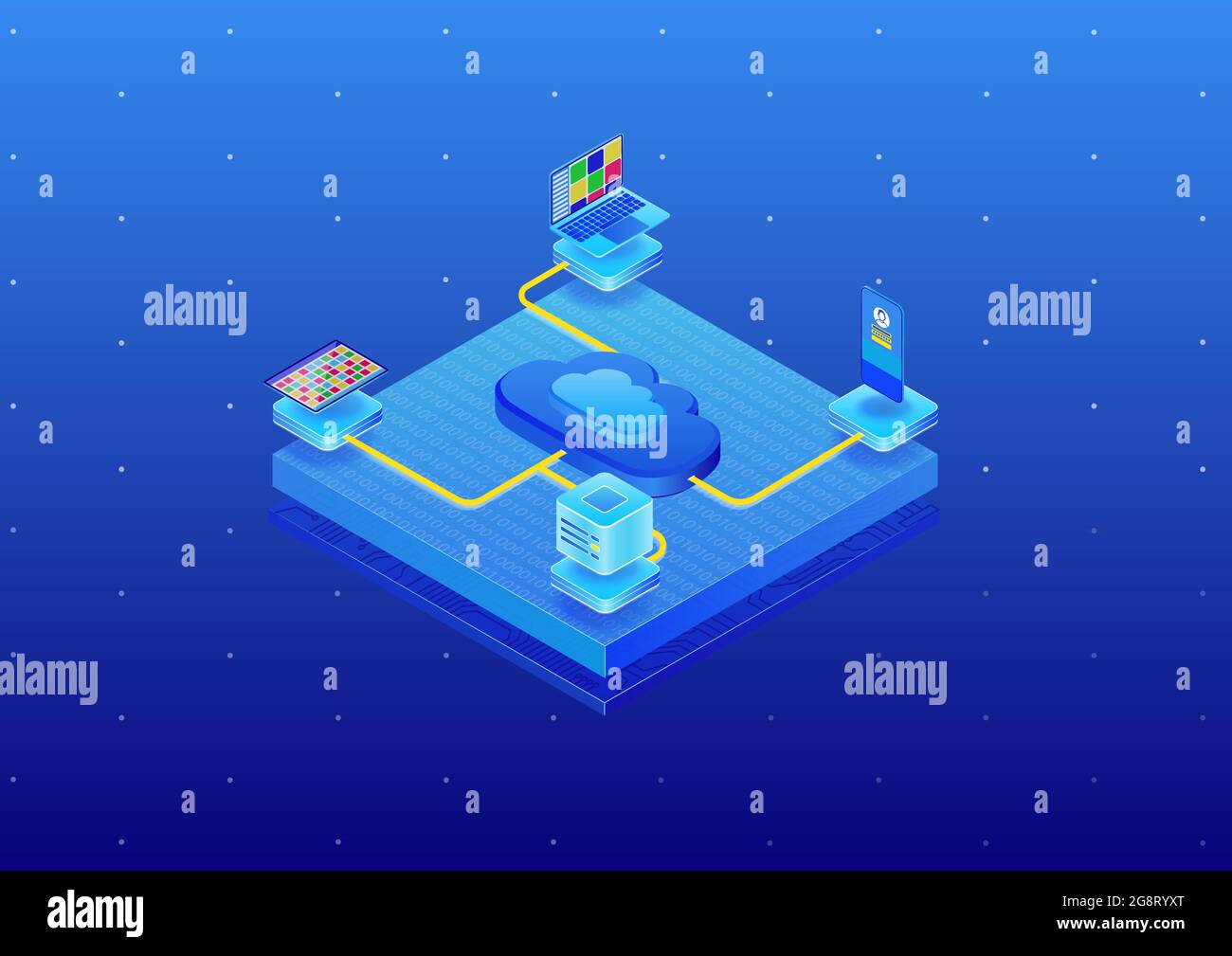 Cloud-Computing-Konzept mit vernetzten Geräten wie Tablet, Notebook, Server, Smartphone. isometrische 3d-Vektordarstellung in modernem Design. Stock Vektor