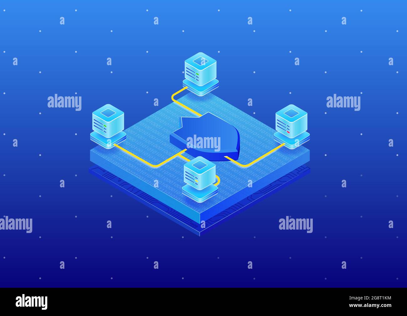 IT-Sicherheitskonzept für Rechenzentren. Isometrische 3d-Vektordarstellung des Sicherheitssymbols und der angeschlossenen Server. Stock Vektor