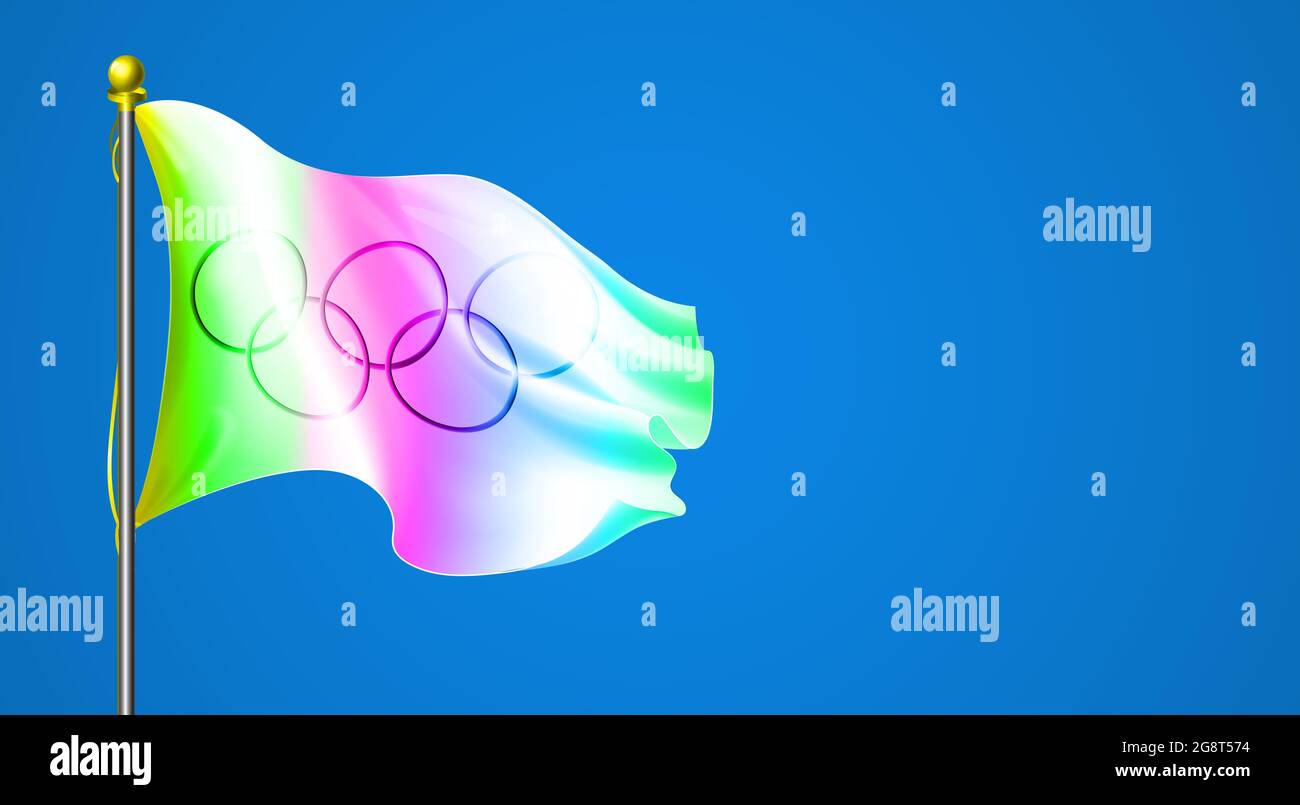 Bunte olympische Flagge flattert im Hintergrund des blauen Himmels. Flagge mit bunten olympischen Ringen. Creative Design Illustration von Olympischen Spielen, Sport Nachrichten und A Stockfoto