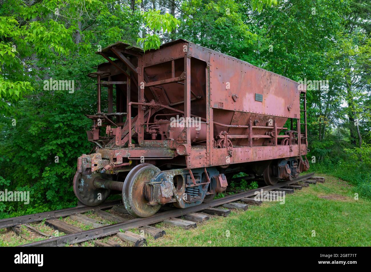 Erzauto zum Transport von Eisenerz aus den Minen zum Lake Superior auf der Milwaukee, Lake Shore und Western Railroad, ausgestellt im Miners Memorial Heritag Stockfoto