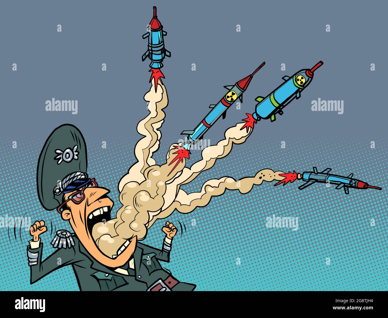 Der Militärmilitarist hat Raketen aus seinem Mund fliegen lassen. Die Kriegsgefahr Stock Vektor