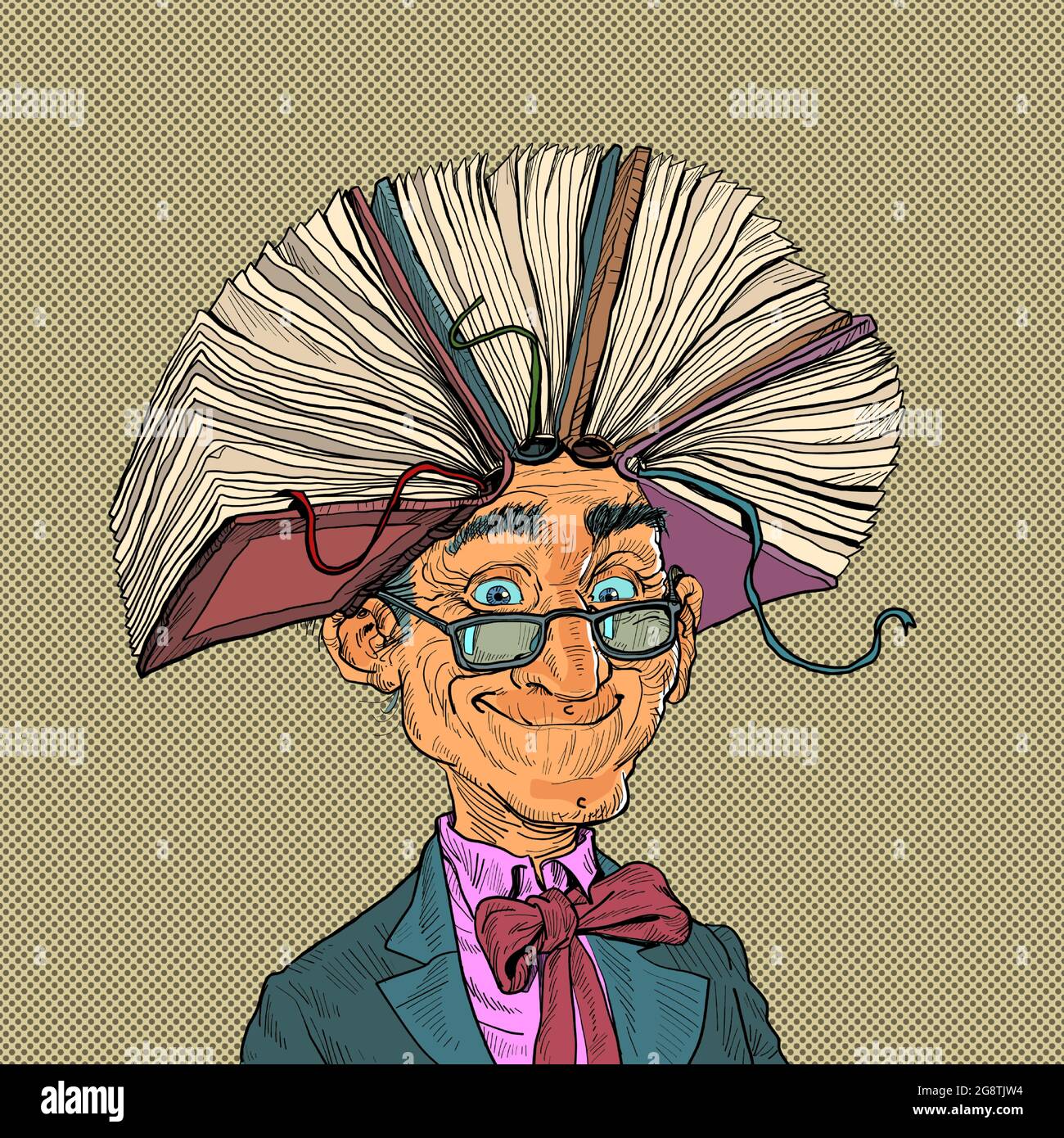 Ein alter Mann mit einem Buch. Ein Wissenschaftler oder ein Bibliothekar. Tutorial statt einer Frisur auf dem Kopf Stock Vektor