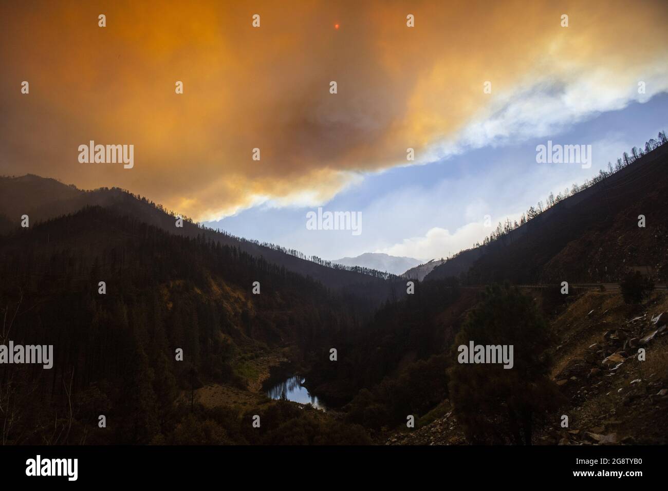 Plumas National Forest, Usa. Juli 2021. Die Sonne scheint kaum durch eine starke Rauchwolke, die am Mittwoch, den 21. Juli 2020, durch das Dixie-Feuer über dem Plumas National Forest in den Grafschaften Plumas und Butte aufgeht. In vielen westlichen Staaten wüten weiterhin wilde Brände. Foto von Peter DaSilva/UPI Credit: UPI/Alamy Live News Stockfoto