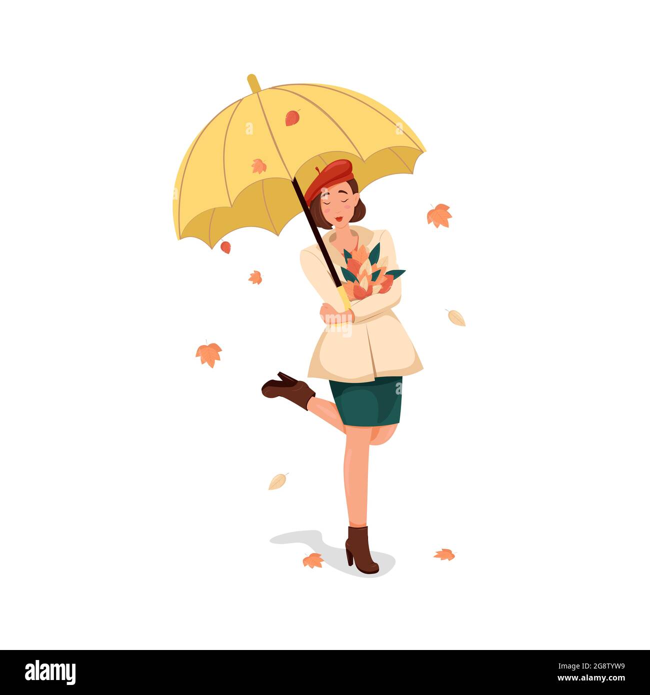 Mädchen in einem Mantel und einer roten Baskenmütze steht unter einem gelben Regenschirm, glückliche Frau genießt einen Herbstspaziergang, Vektorgrafik im Cartoon-Stil. Flaches Design Stock Vektor