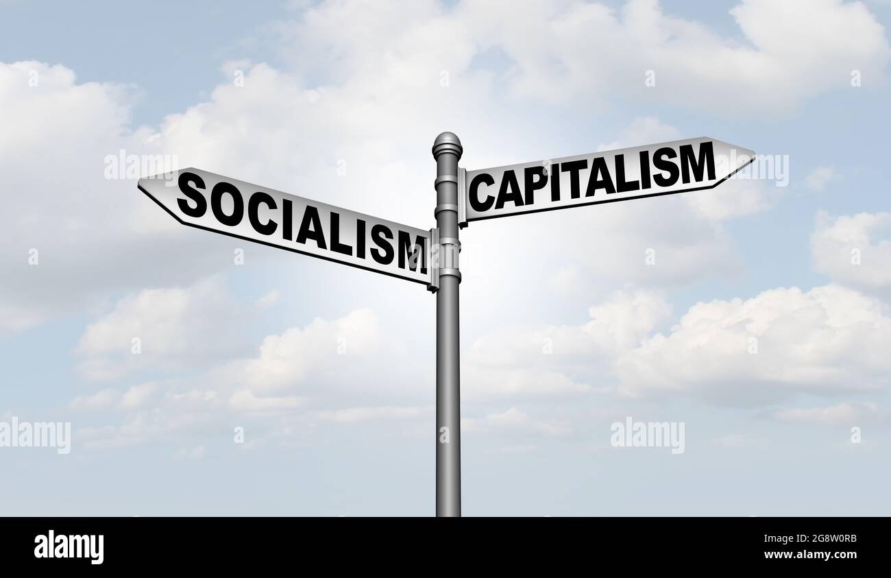 Sozialismus und Kapitalismus als zwei verschiedene ökonomische und politische Systeme als eine Wahl für den Weg der sozialen Ideologie und die Richtung der Gesellschaft. Stockfoto