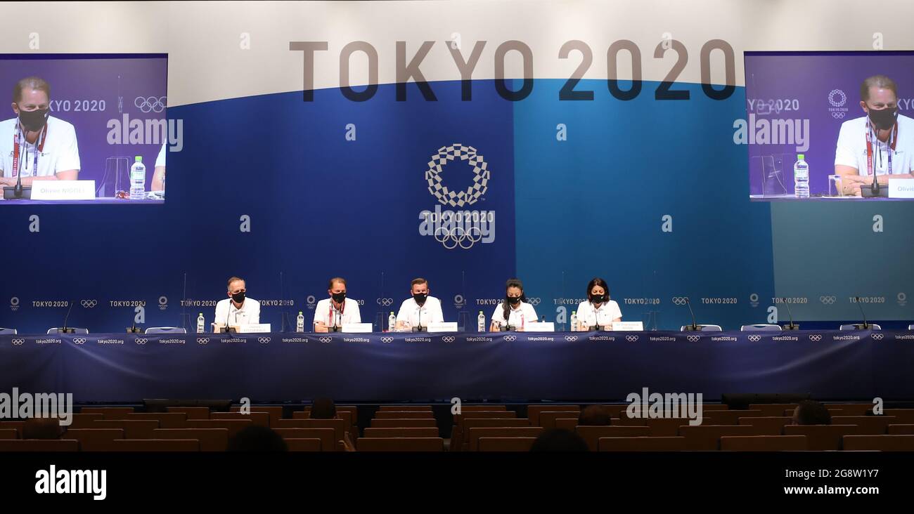 Tokio. Juli 2021. Das am 23. Juli 2021 aufgenommene Foto zeigt eine Pressekonferenz der Welt-Anti-Doping-Agentur (WADA) im Hauptpressezentrum (MPC) von Tokyo 2020 in Tokio, Japan. Kredit: Luo Yuan/Xinhua/Alamy Live Nachrichten Stockfoto