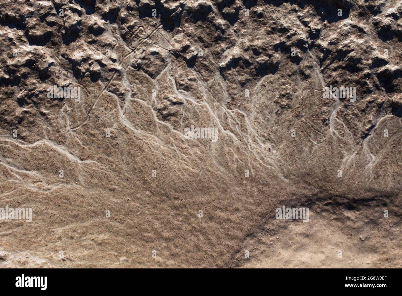 Mikroskalige geografische Merkmale im Schlamm nach einer Flußflut. Die Landschaft sieht aus wie Satellitenbilder, mit Schluchten, Flusstälern und Deltas. Stockfoto