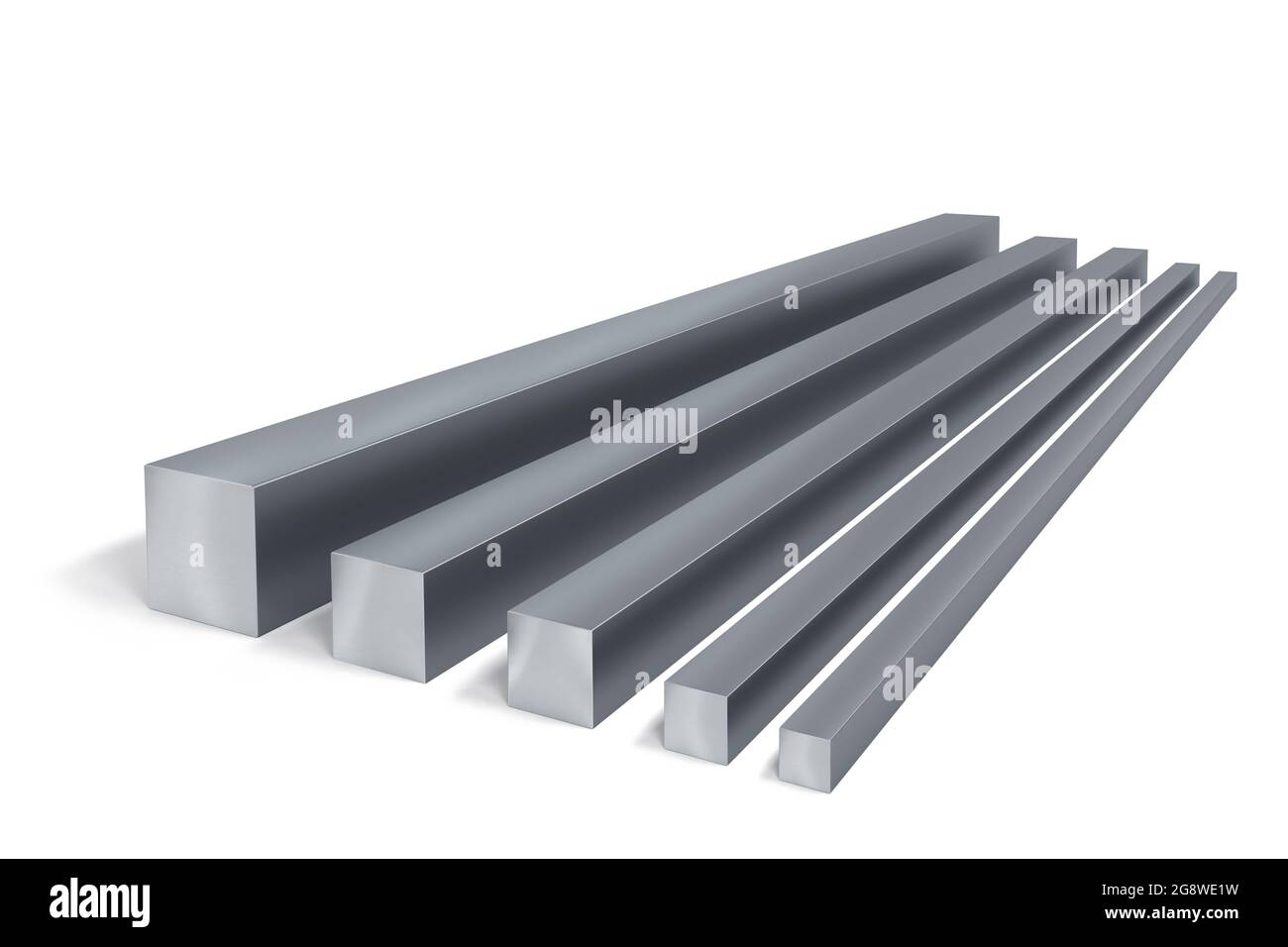 Set aus 5 quadratischen Stahlstäben unterschiedlicher Größe isoliert auf weißem Hintergrund - 3d-Rendering Stockfoto