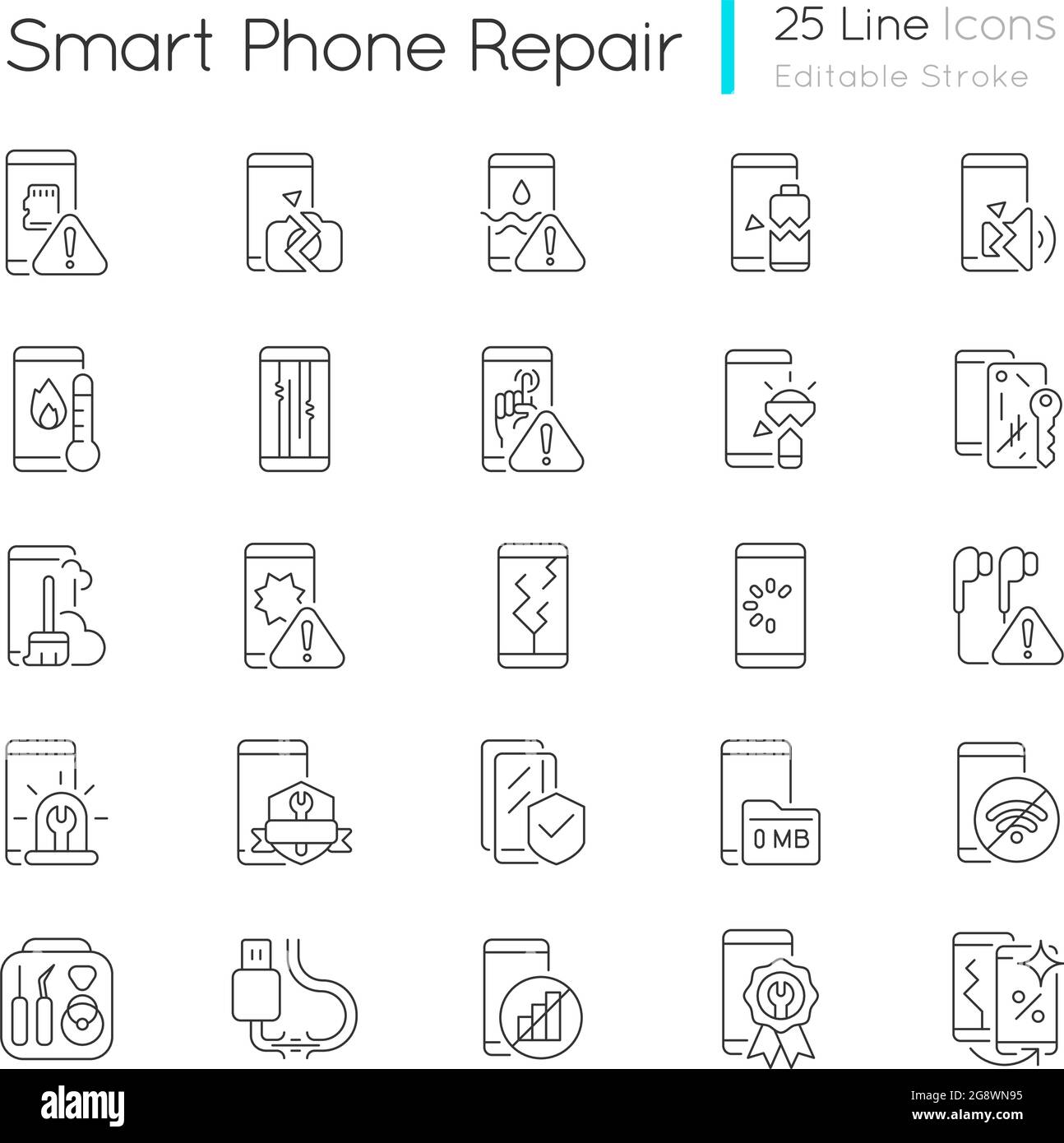 Smartphone Reparatur lineare Symbole gesetzt Stock Vektor