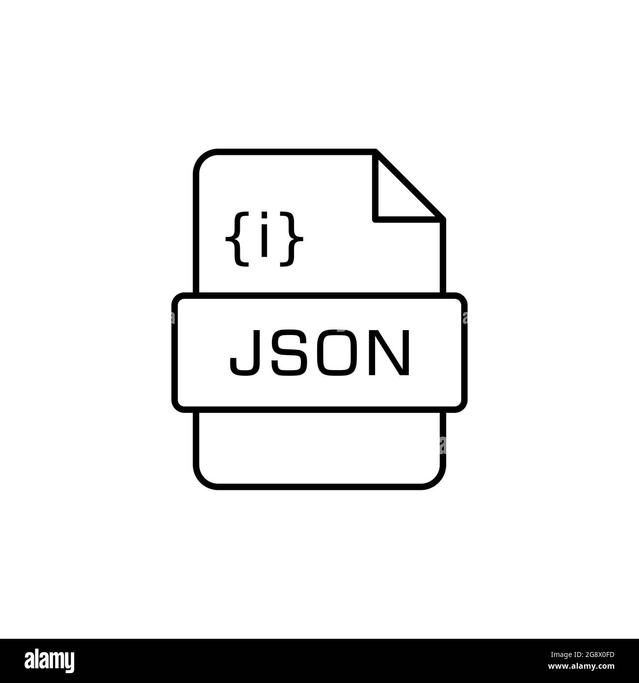 Zeilensymbol für das JSON-Dateiformat. JavaScript-Objektnotation. Erweiterung der JSON-Programmiersprache. Format für den Austausch von Serverdaten. Informatik und Web Stock Vektor