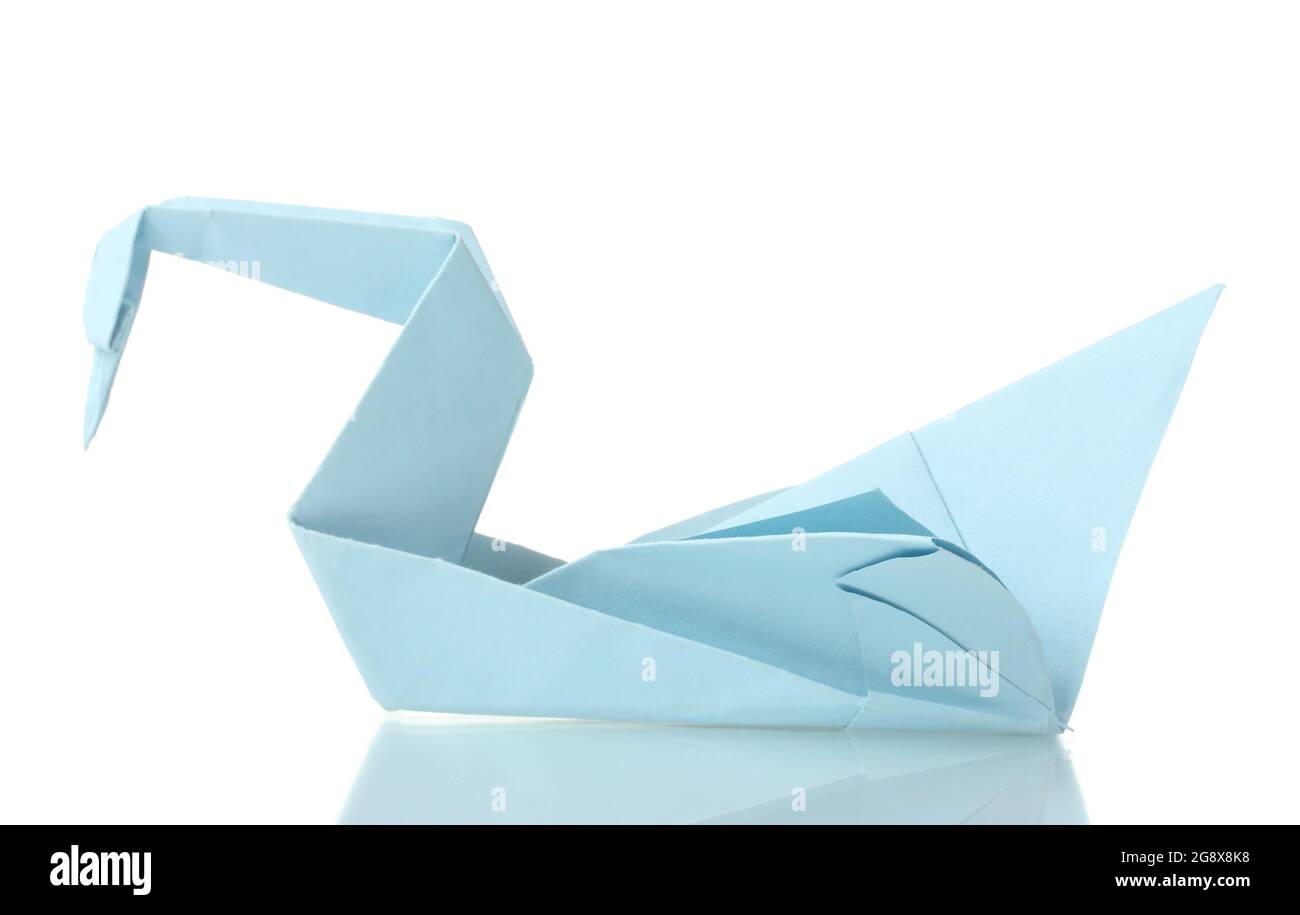 Origami Schwan aus dem blauen Papier isoliert auf weiß Stockfotografie -  Alamy