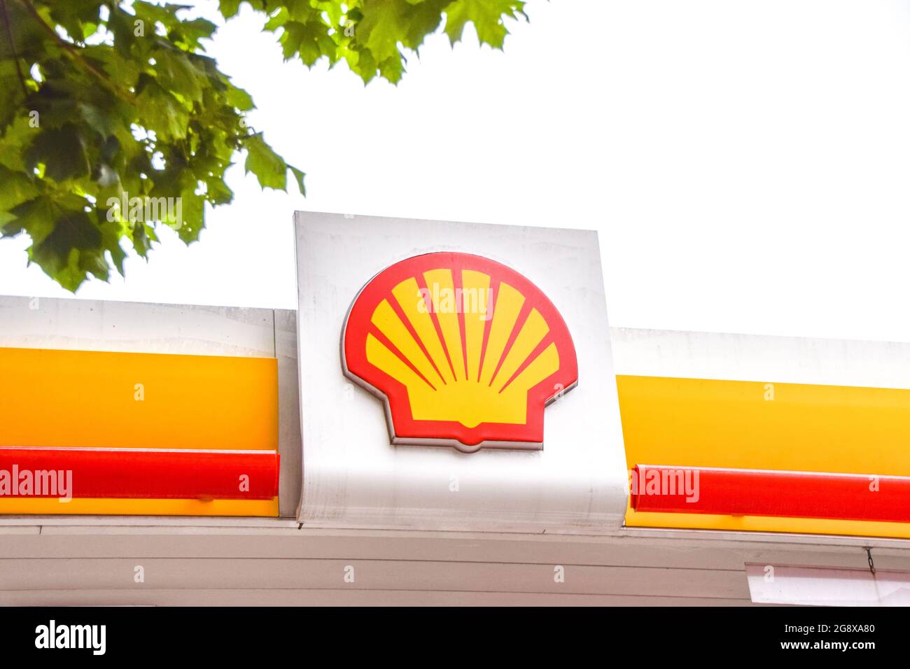 Detail des Shell-Logos an einer Tankstelle in London, Großbritannien. Stockfoto