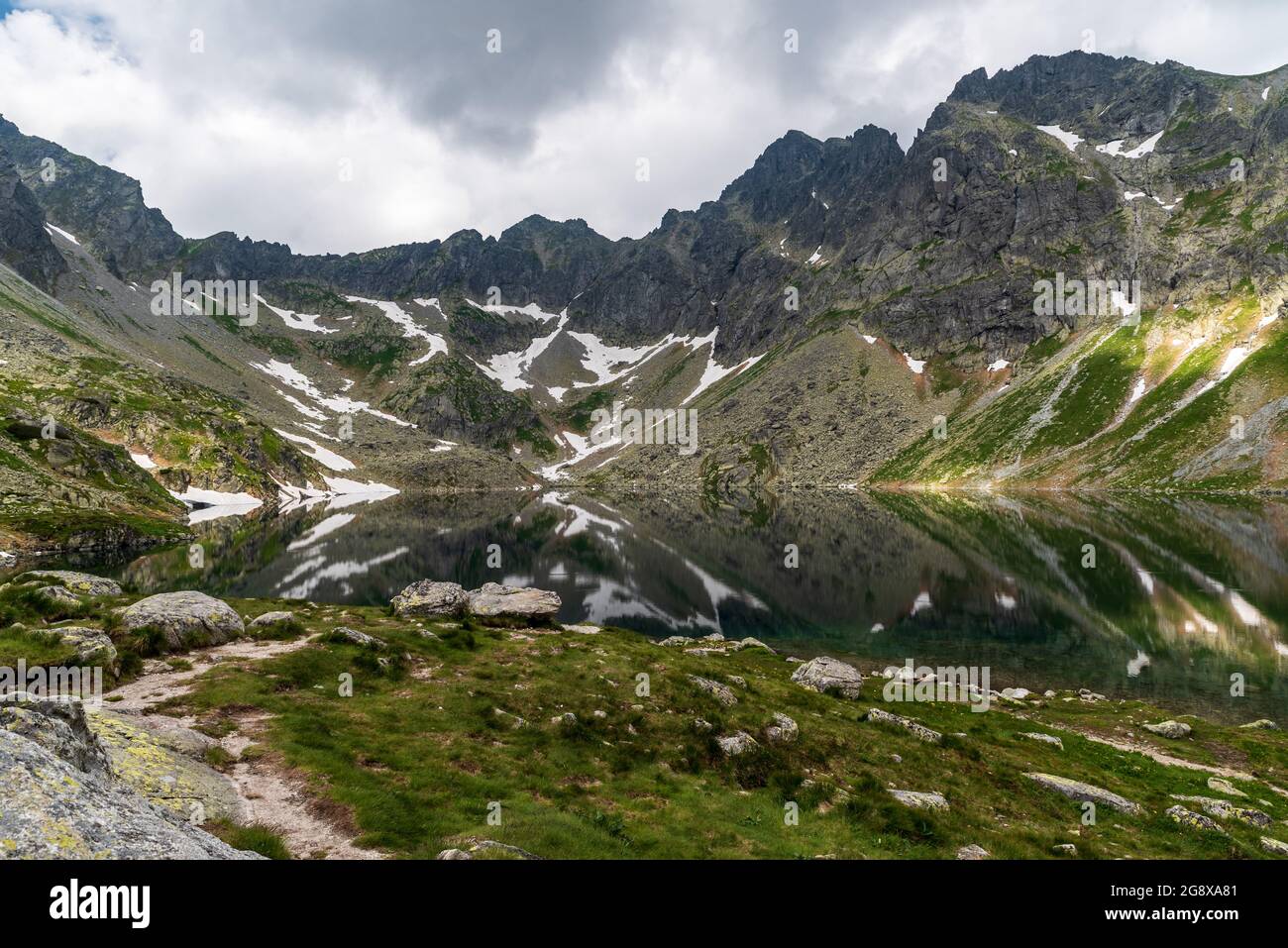 Velke Hincovo pleso See mit Gipfeln oben im Vysoke Tatry Gebirge in der Slowakei Stockfoto