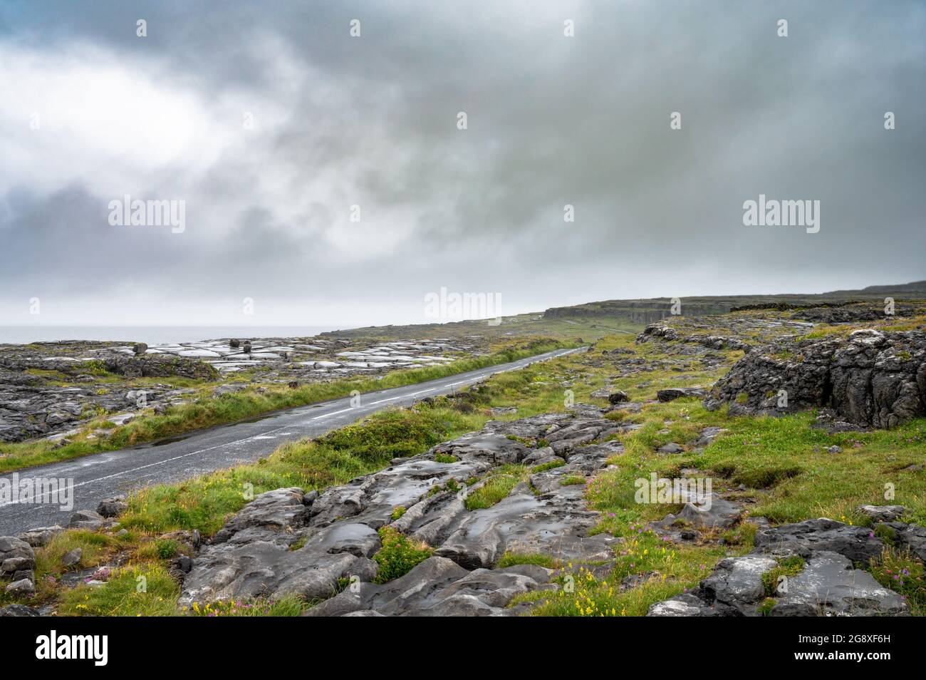 Eine Küstenstraße, die durch den Standort Burren im Westen Irlands führt Stockfoto