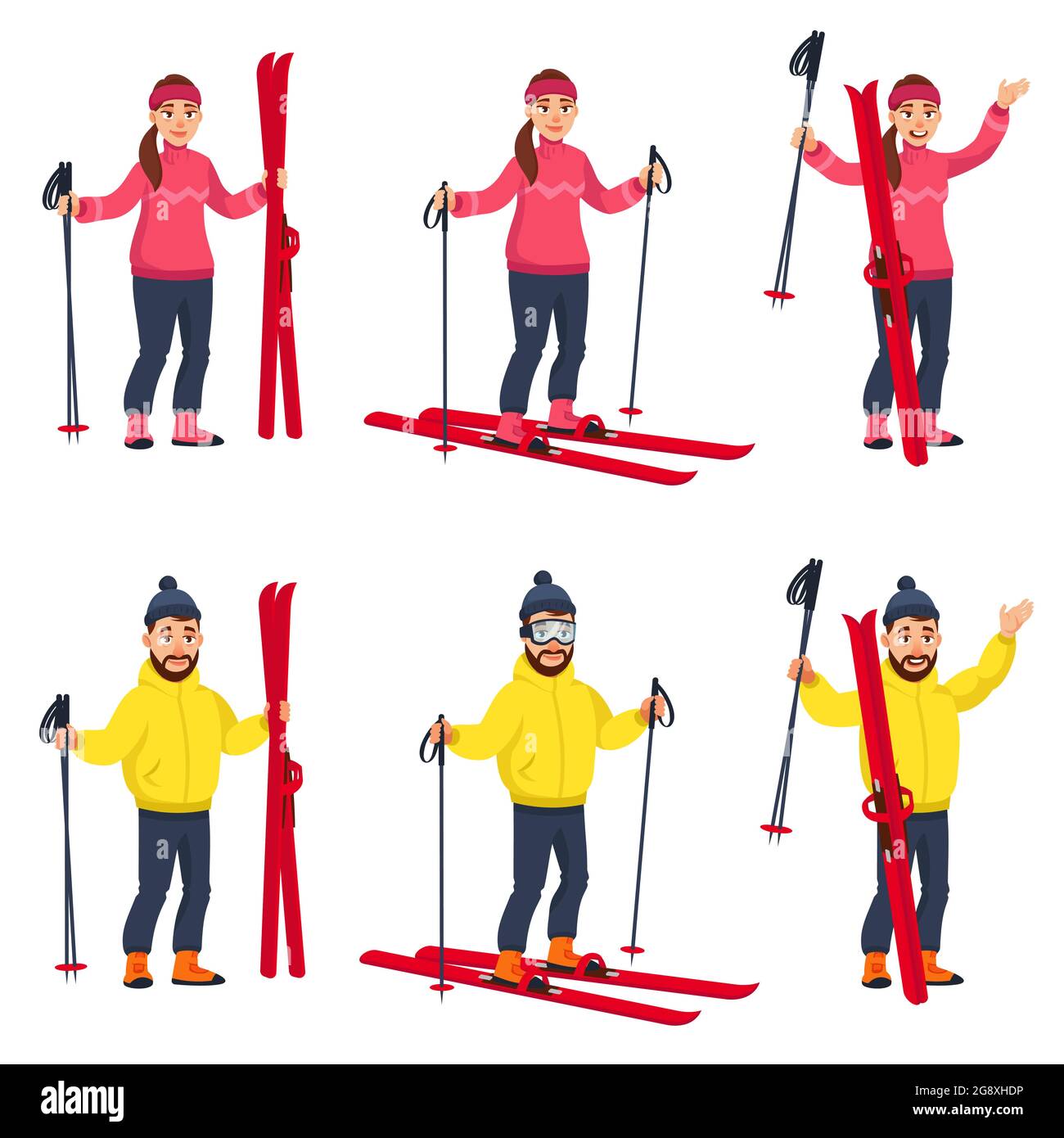 Männliche und weibliche Skifahrer in verschiedenen Posen. Sportpersonen im Cartoon-Stil. Stock Vektor