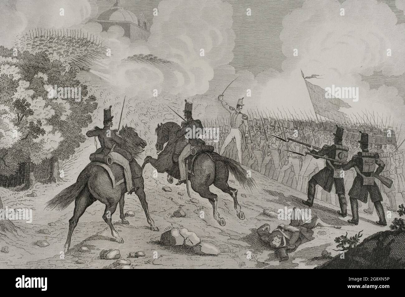 Spanien. Erster Karlistenkrieg (1833-1840). Spanien. Erster Karlistenkrieg (1833-1840). Schlacht von Calanda (6. Dezember 1833). Nach der Besetzung von Morella beschloss Oberst Linares, den Baron von Hervés (Rafael RAM de Víu y Pueyo) anzugreifen, der am 13. November 1833 in dieser Stadt Karl V. zum König erklärt hatte. Die von den liberalen Truppen überzählten Carlisten wurden gezwungen, ihre Positionen aufzugeben und in Unordnung zu bringen. Sie wurden schließlich gefangen genommen und Calanda wurde am 10. Dezember 1833 von liberalen Streitkräften besetzt. Illustration von Manuel Miranda. Stich von Pedro Celestino Maré. Panorama Español, Crónica Conempor Stockfoto